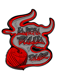 a black and red logo with a red ball of yarn